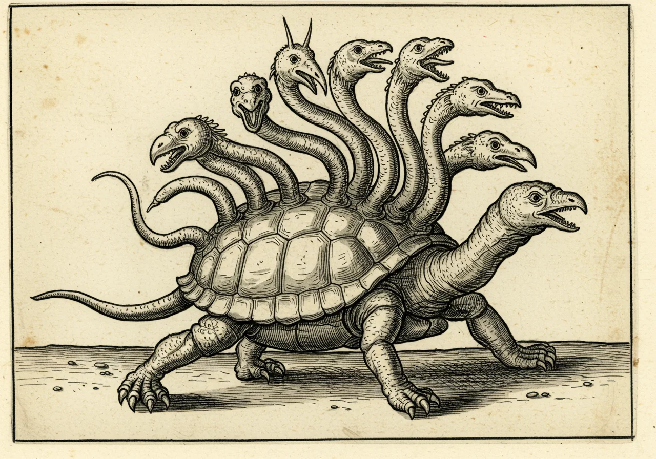 An archaic-atlas monster plate illustrating Agens autonomus, the Autonomous Agent — a multi-armed worker-beast with six or eight arms each carrying a different tool, eyes on stalks, tethered to a server-rack base