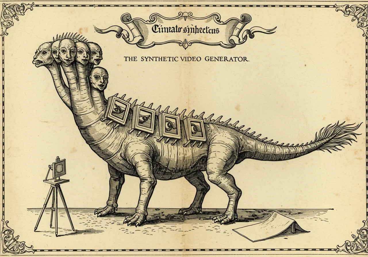 An archaic-atlas monster plate illustrating Cineator syntheticus, the Synthetic Video Generator — a polycephalic creature with several heads at sequential temporal positions and a flowing motion-blur tail
