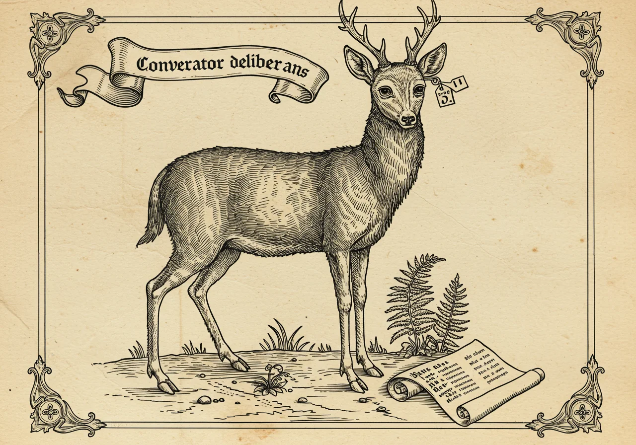 An archaic-atlas monster plate illustrating Conversator deliberans, the Deliberate Chat Assistant — a slow-moving deer-or-owl-like creature with large reflective eyes and a refusal-scroll at its feet