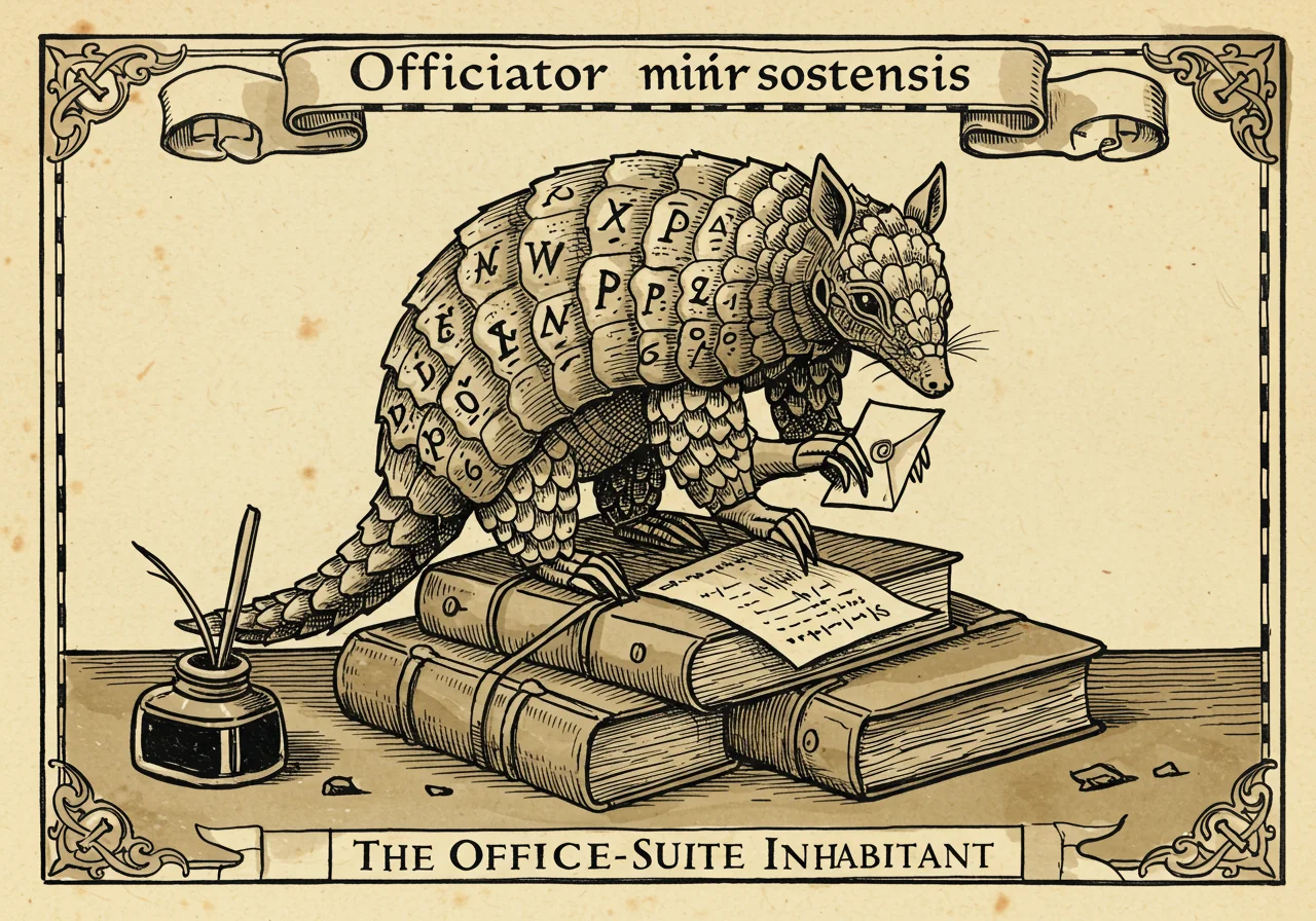 An archaic-atlas monster plate illustrating Officiator microsoftensis, the Office-Suite Inhabitant — a small attendant-creature perched on a clerk's stack of documents, with Word/Excel/PowerPoint glyphs as plates on its hide