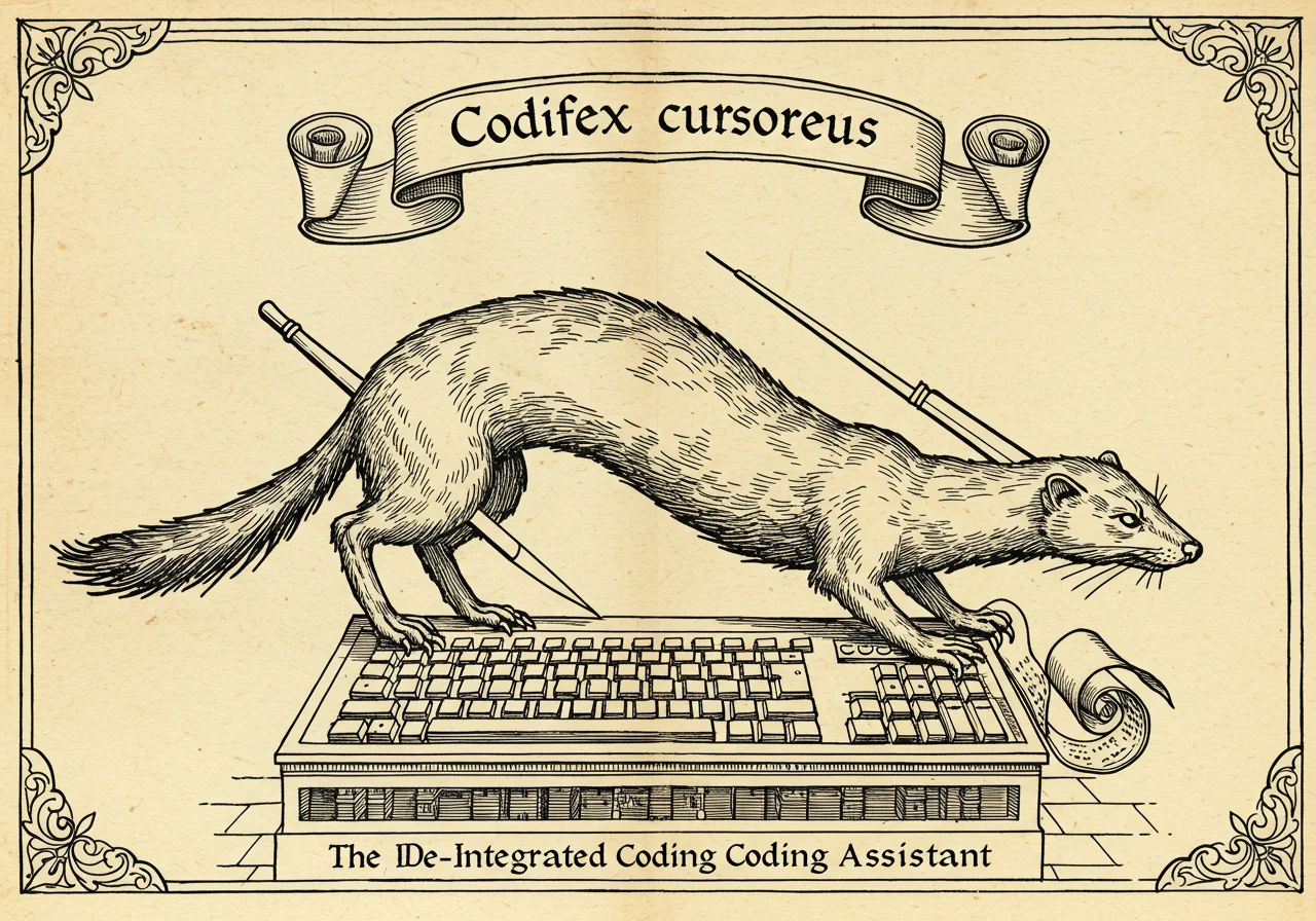 An archaic-atlas monster plate illustrating Codifex cursoreus, the IDE-Integrated Coding Assistant — a quick-darting elongated creature with a stylus-quill appendage, emerging from a keyboard-shaped plinth
