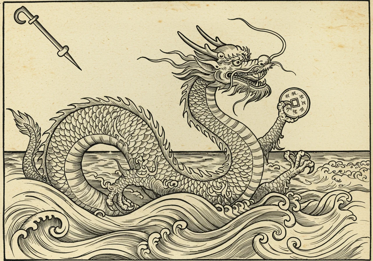 An archaic-atlas monster plate illustrating Patens sinensis, the Chinese Open-Weight Species — a deep-diving dragon-and-sea-monster emerging from eastern waters, scaled in Chinese-cloud-pattern markings