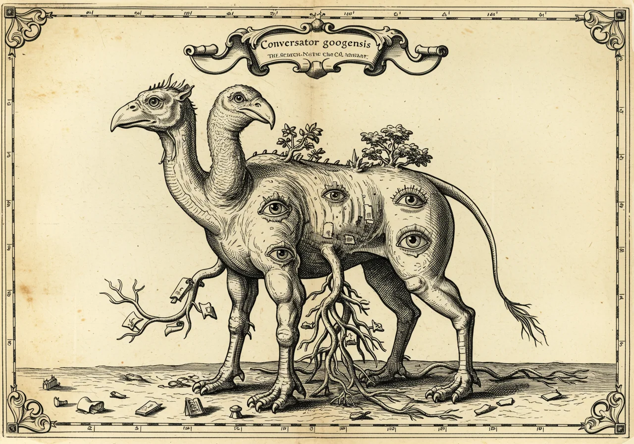 An archaic-atlas monster plate illustrating Conversator googlensis, the Search-Native Chat Assistant — a chimerical two-headed beast with eyes facing several directions and search-engine roots