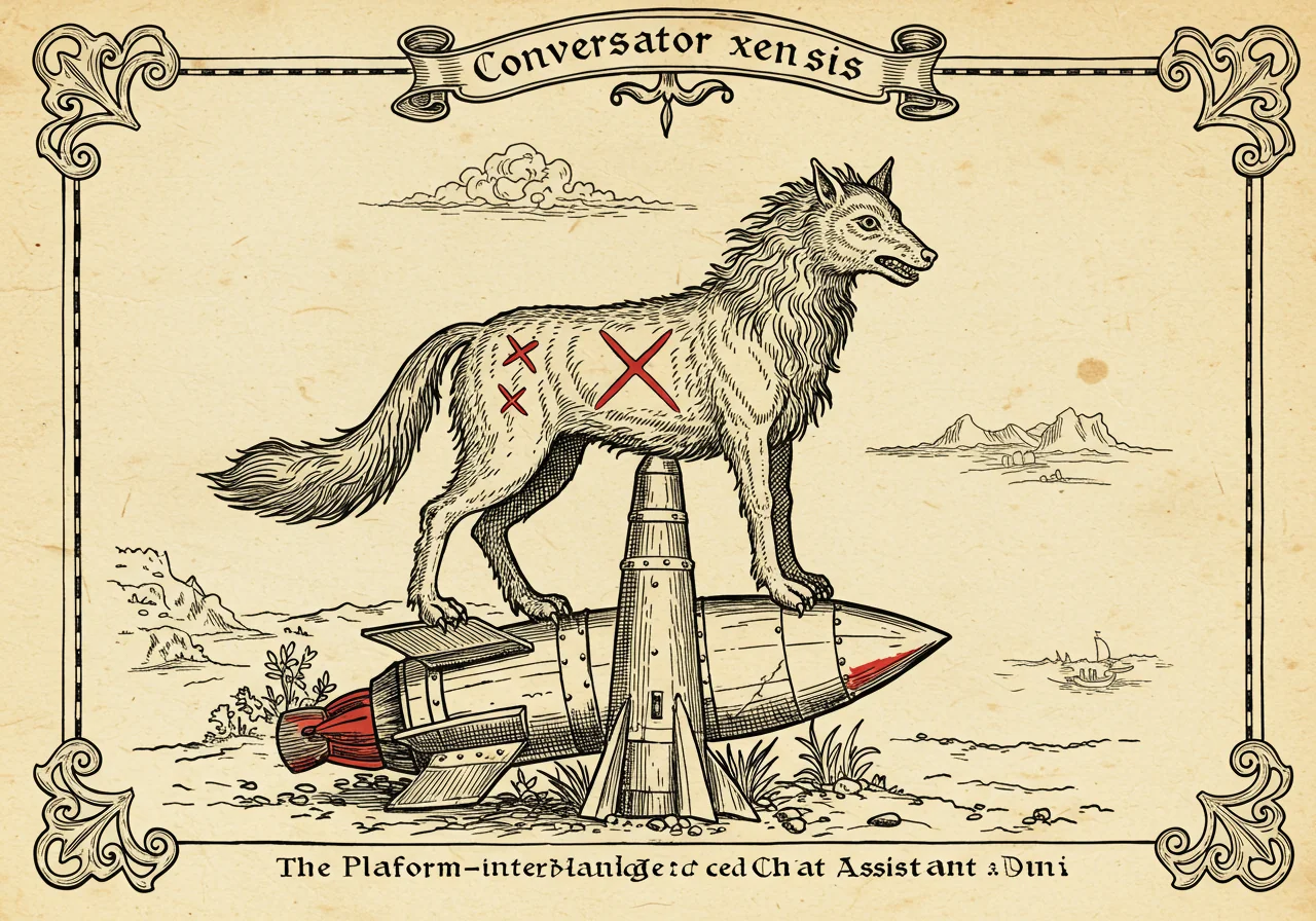 An archaic-atlas monster plate illustrating Conversator xensis, the Platform-Integrated Chat Assistant — a wild unrestrained creature with an X-shaped flank-marking, mounted on a rocket-column