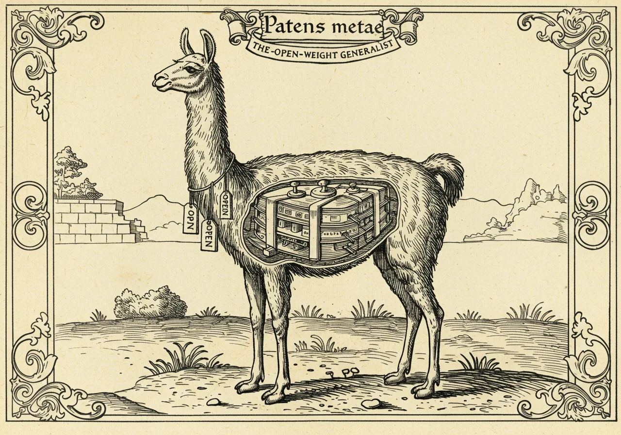 An archaic-atlas monster plate illustrating Patens metae, the Open-Weight Generalist — a llama-shaped beast shown in cross-section to reveal its layered weights, tags reading OPEN around its neck