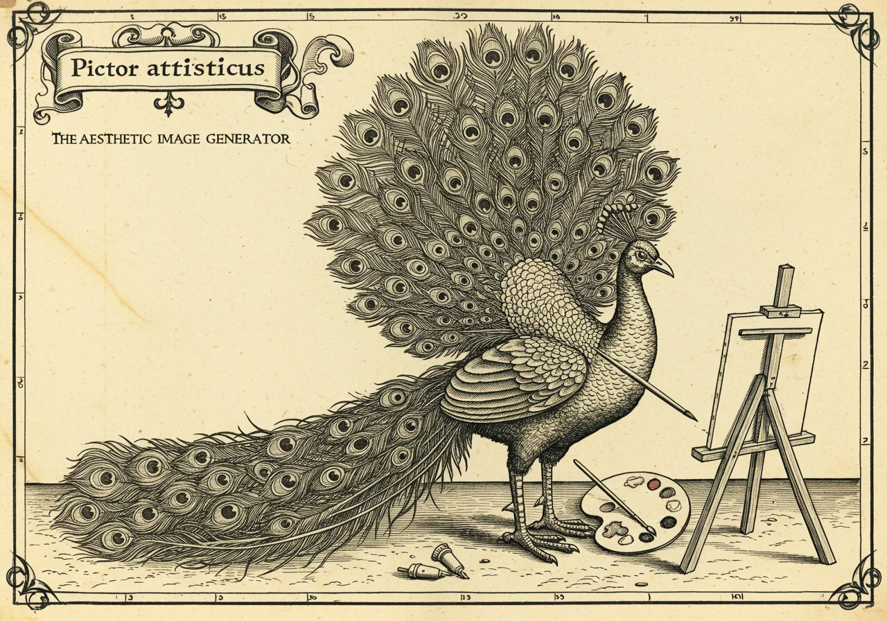 An archaic-atlas monster plate illustrating Pictor aestheticus, the Aesthetic Image Generator — a peacock-and-bird-like creature with elaborate plumage, a brush-appendage, and a palette of pigments at its feet