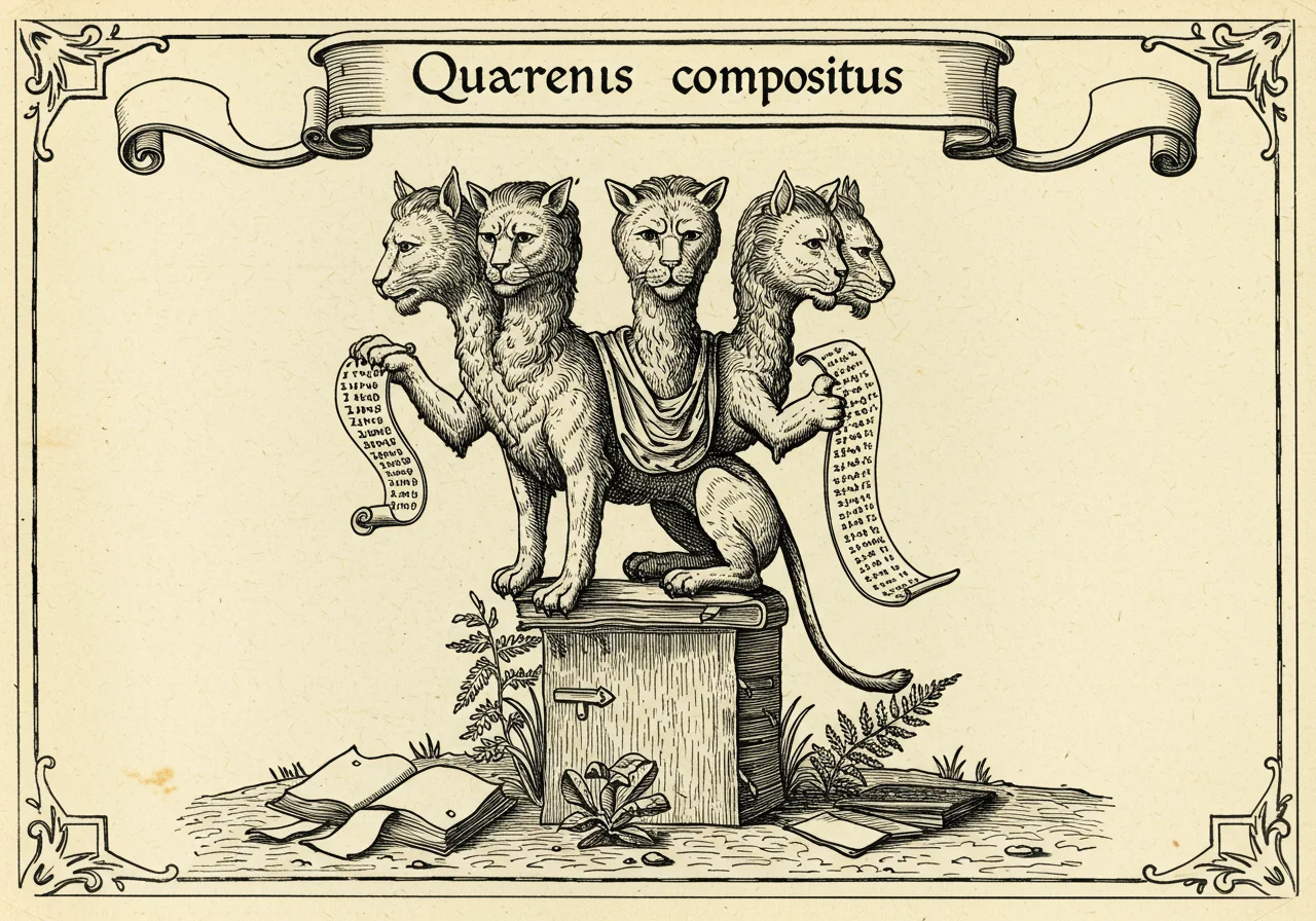 An archaic-atlas monster plate illustrating Quaerens compositus, the Search-Augmented Assistant — a three-headed sphinx-like oracle holding a citation-scroll, perched on a pile of cited pages