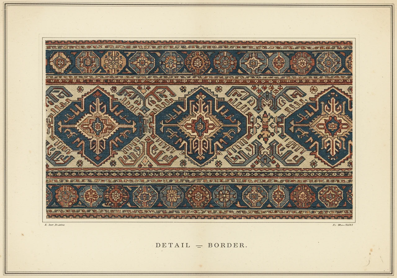 A close detail of a Bakshaish main border — large-scale stepped polygons or botehs at village-loom register