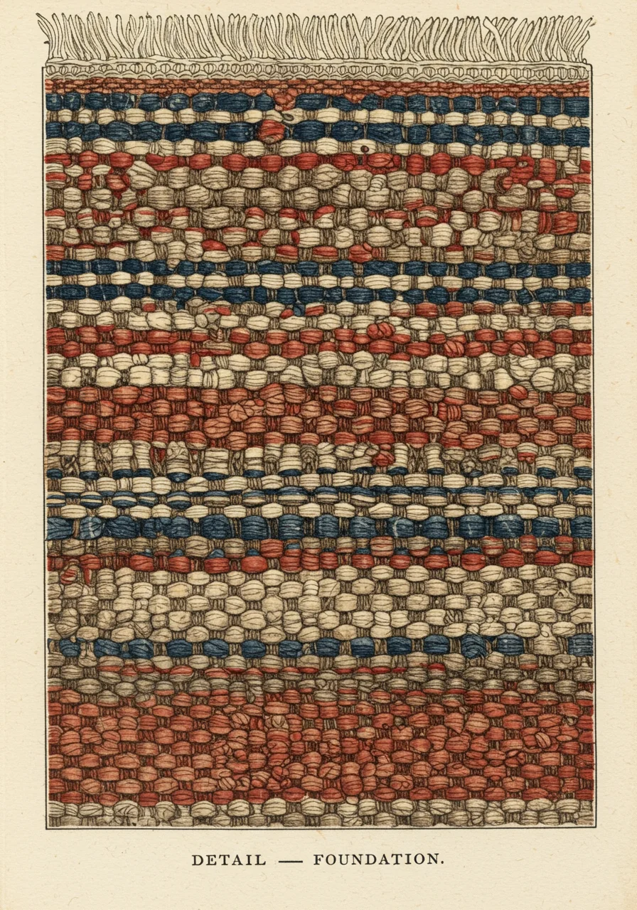 A close detail of a Bakshaish knot-back — looser symmetric knot at village density, cotton warp with hand-spun unevenness, heavy wool weft in alternating bands