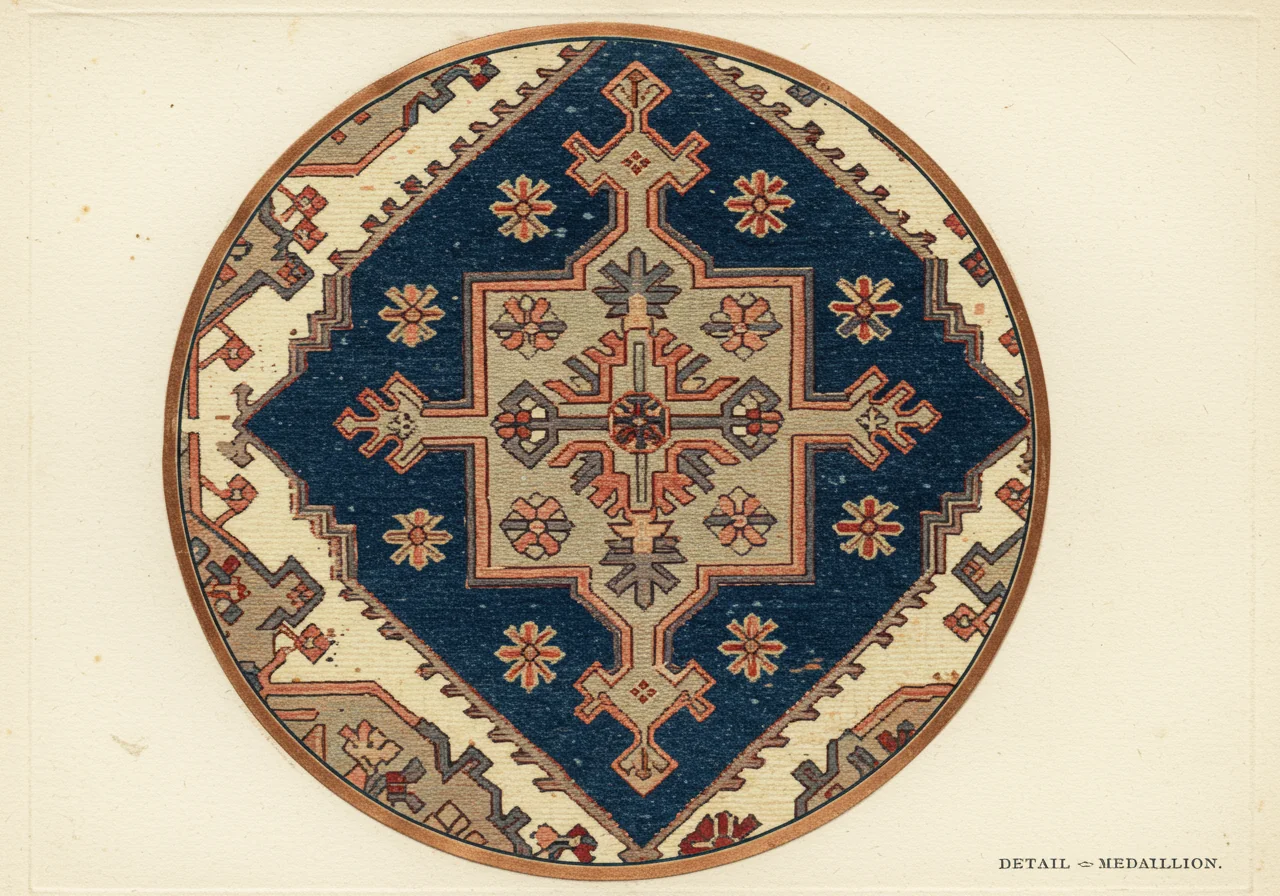 A close detail of a Bakshaish archaic medallion — stepped polygonal outline at large scale on cream / faded-madder ground, with visible weaver's-hand irregularity