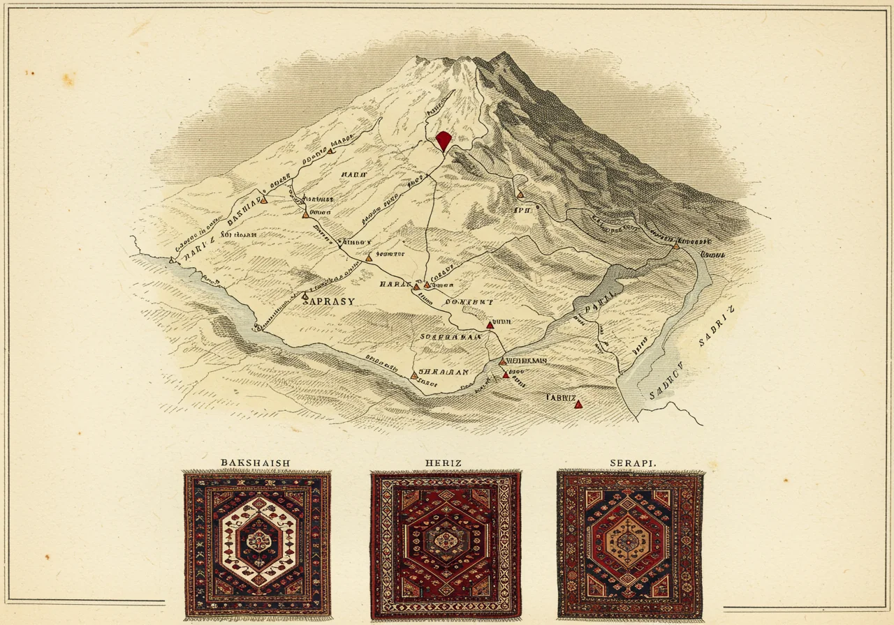 A page from a Victorian connoisseur's portfolio on the Sahand district — district map with weaving villages located, archetype rug drawings showing Bakshaish, Heriz, and Serapi sub-types