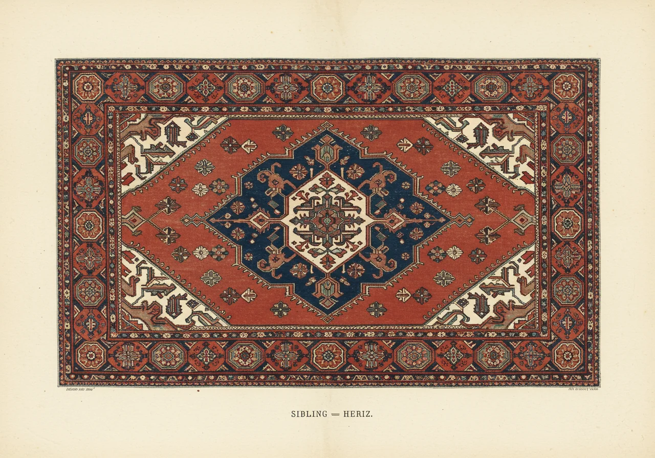 A commercial Heriz rug of the 1890s — tightened medallion at smaller scale, saturated brick-red field, higher knot density, the regularised export-market version of the Bakshaish vocabulary