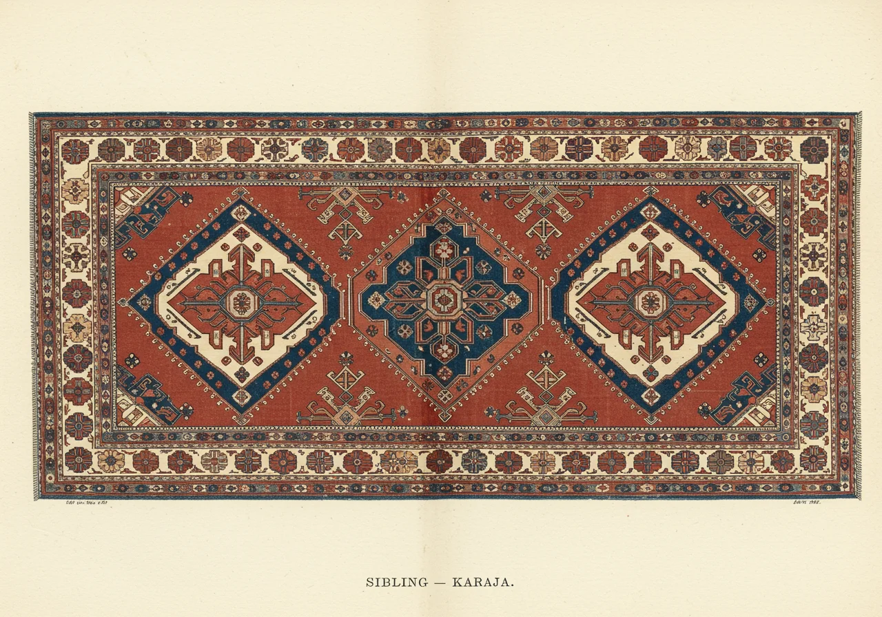 A Karaja rug — the neighbouring village on the Sahand slope, characterised by a three-medallion vertical-stack composition rather than the single large medallion of Bakshaish