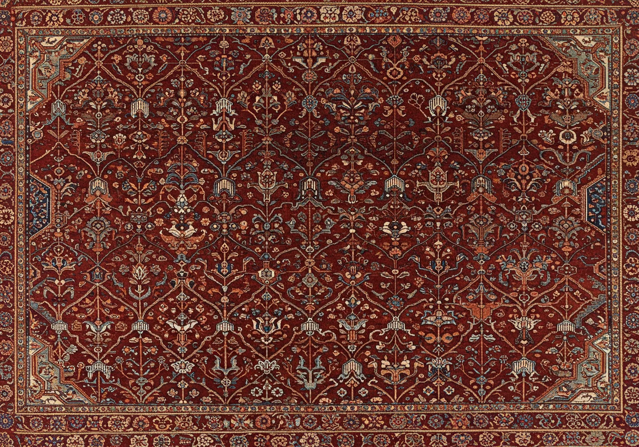 A close detail of a Bidjar central medallion or herati allover — fine floral and herati vocabulary on dark wine-red ground
