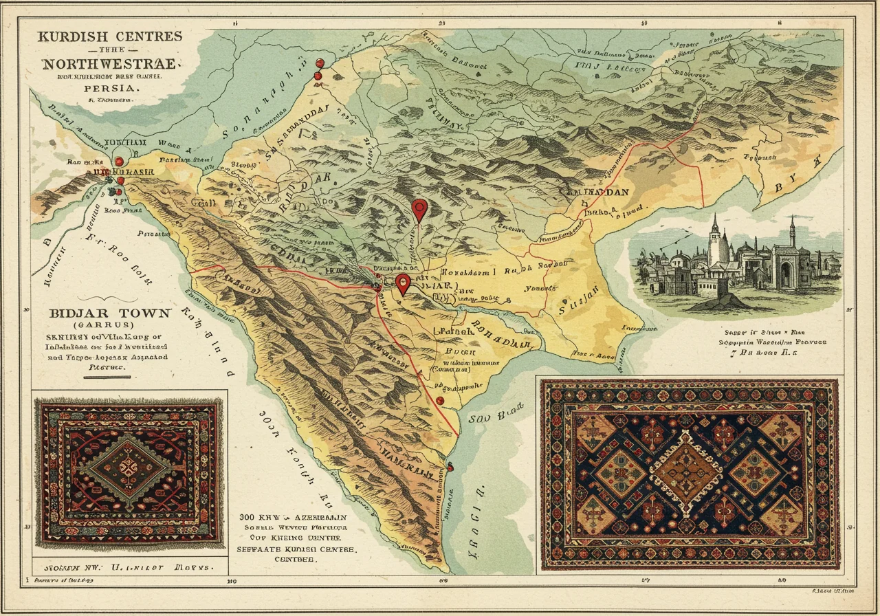 A Victorian connoisseur's portfolio page on the Kurdish weaving centres — map locating Bidjar, Senneh, Sauj Bulagh with archetype rug drawings