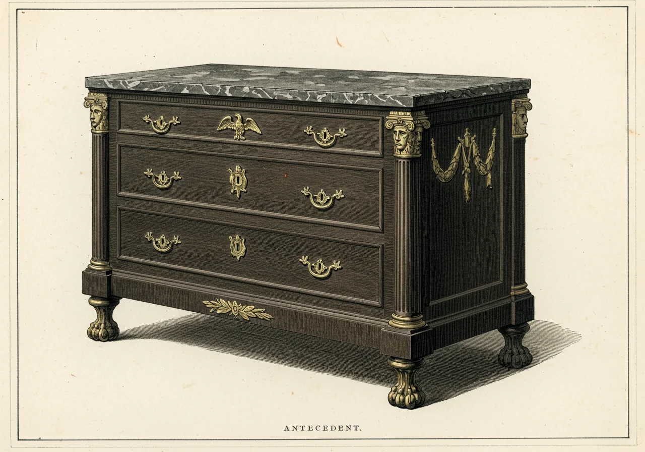 An Empire commode in dark mahogany with heavy gilt-bronze mounts — the Napoleonic style Biedermeier explicitly reacted against, with martial ornament and imperial vocabulary