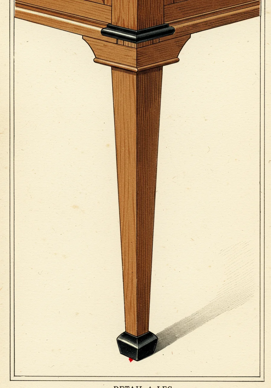 A close detail of a Biedermeier saber leg or tapered architectural leg — straight, square in section, with restrained ebonized accent at top and bottom, terminating in a small simple foot