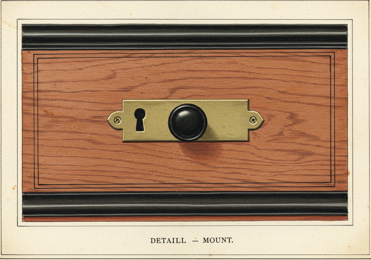A close detail of Biedermeier hardware — small brass escutcheon and ebony knob on a cherry-wood drawer front, with narrow ebonized banding defining the panel edges