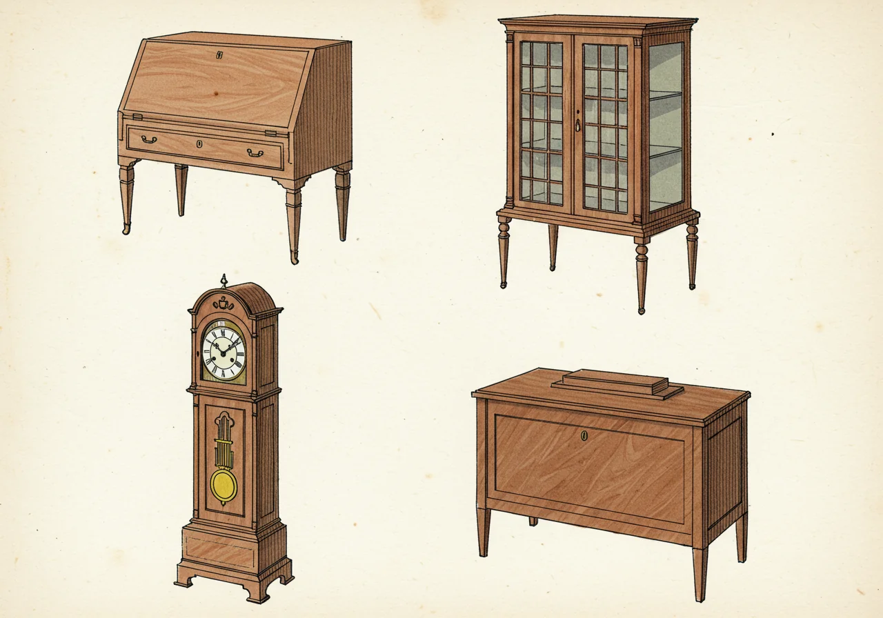 A page from Josef Danhauser's Vienna workshop pattern book — perspective drawings of a Sekretär, a Vitrine, a Standuhr (tall-case clock), and a Nachttisch (bedside cabinet), all in the Biedermeier case-furniture register
