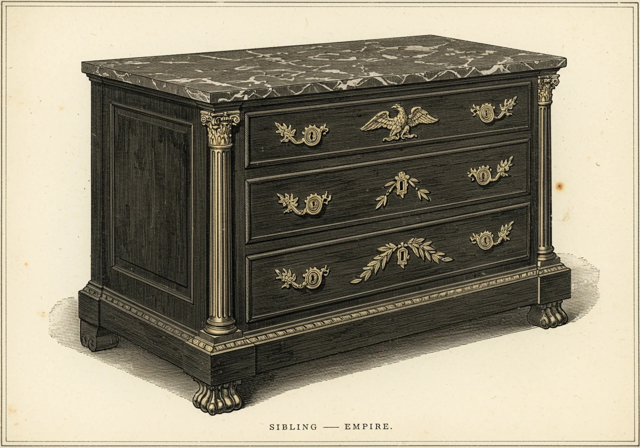 An Empire commode in dark mahogany with heavy gilt-bronze martial mounts, columnar corners with acanthus capitals, lion-paw feet
