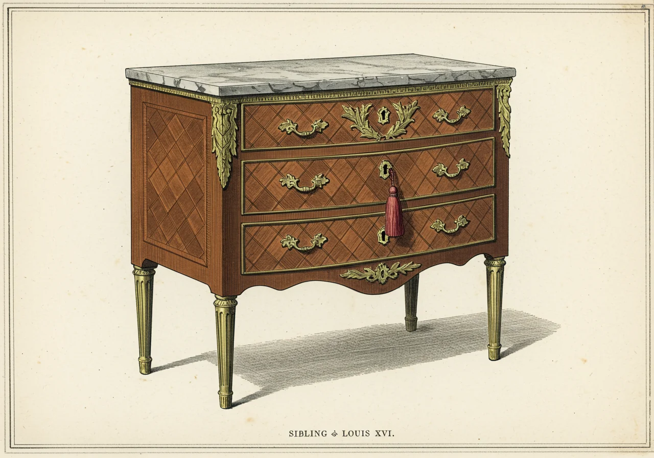 A Louis XVI commode with rectangular case, straight fluted columnar legs, geometric trellis marquetry in exotic woods, neoclassical ormolu mounts in Greek-key and laurel-wreath vocabulary
