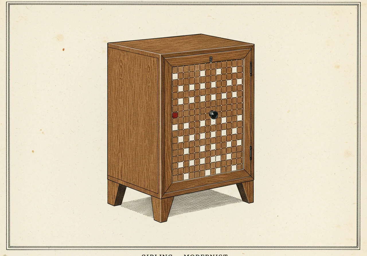 An early-twentieth-century Wiener Werkstätte / Josef Hoffmann piece in stained beech with grid-patterned panels, extreme geometric restraint, the modernist descendant that named Biedermeier as its precedent