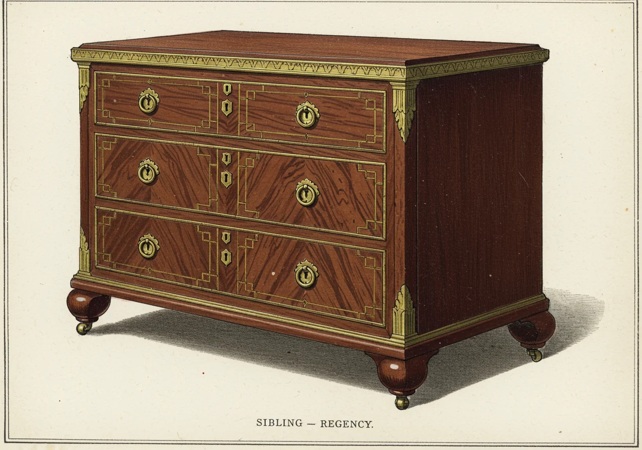 An English Regency chest of drawers in rosewood and brass, with architectural Greek-revival vocabulary, more grand and more ornate than Biedermeier, brass-inlaid bands