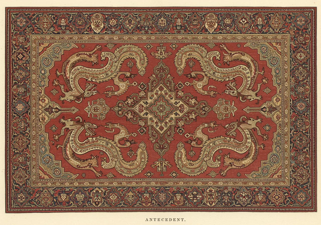 A seventeenth-century Caucasian Dragon carpet — stylised dragons rendered in palmette-and-cartouche composition on a dark red ground, in the formal Safavid court vocabulary that the later Caucasian tradition descended from