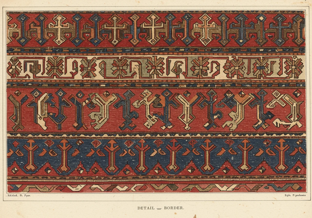 A close detail of a Kazak latch-hook border — wide main border of alternating T-shaped hooks in ivory and indigo on a red ground, with a narrower guard band of further latch-hook ornament above and below