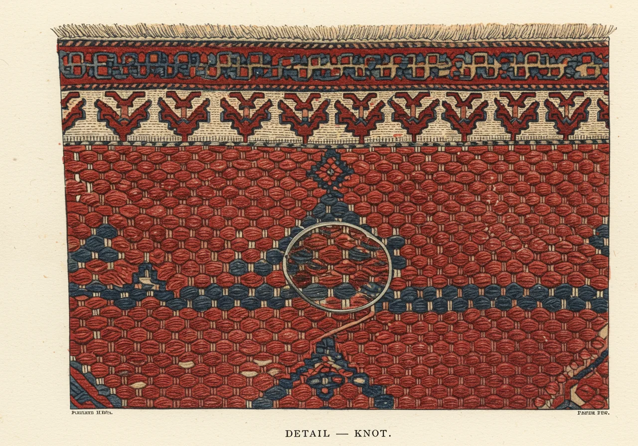 A close detail of the back of a Kazak rug at magnification — symmetrical Turkish knots in long-pile wool on a wool foundation, with the woollier weft visible between rows of knots and the off-white wool warp visible at the edge