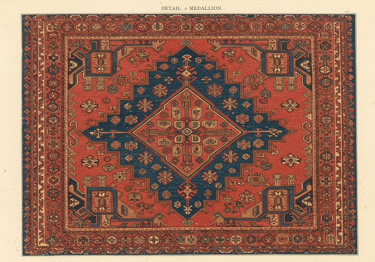 A close detail of a Karachov Kazak central medallion — a large stepped octagonal indigo shape on a saturated red field, with smaller geometric ornaments scattered around and ivory spandrels at the corners