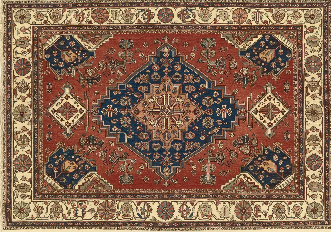 A Persian Heriz rug — the geographically nearest Persian type to the Kazak region, with stepped octagonal indigo medallion on brick-red field, ivory spandrels, walnut border, cotton foundation