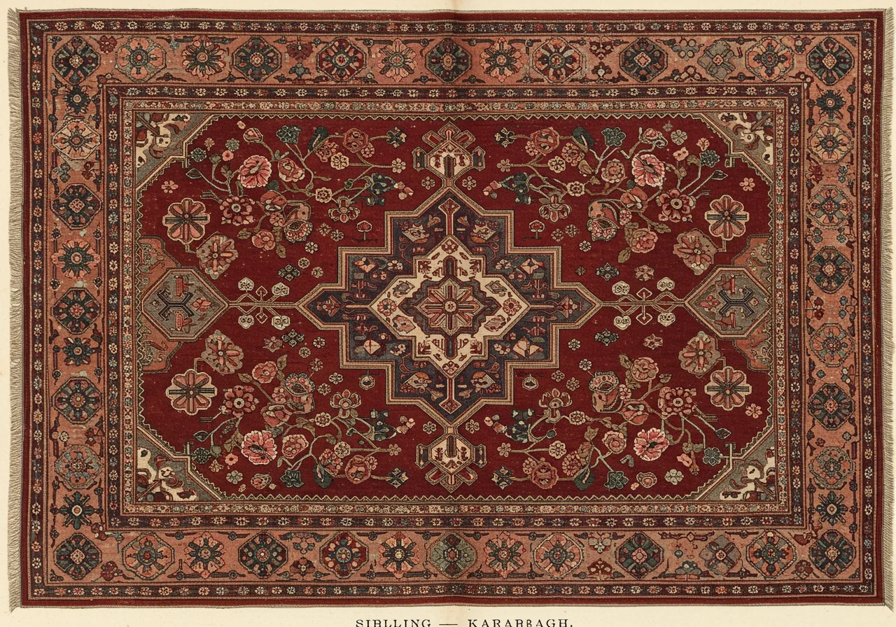 A Caucasian Karabagh rug — softer drawing than Kazak, often with French-influenced rose floral motifs in the field, finer knot count, sometimes a darker ground