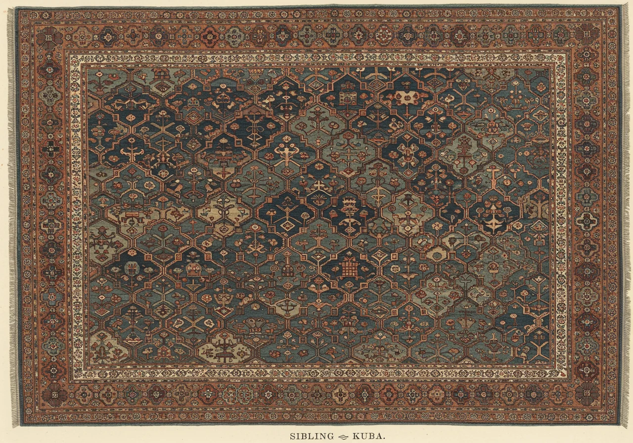 A Caucasian Kuba rug — the finer of the eastern Caucasian traditions, with allover small-pattern field design, refined drawing, generally on a darker ground than Kazak