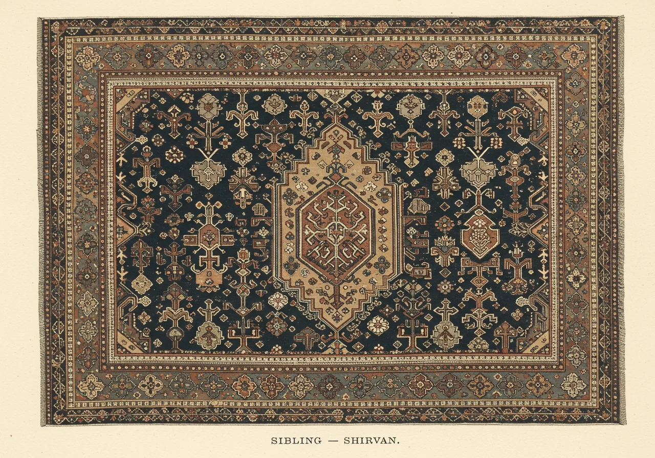 A Caucasian Shirvan rug — smaller-format scatter rug with smaller knot count, more rectilinear allover field design, often prayer-rug format, considerably finer drawing than Kazak