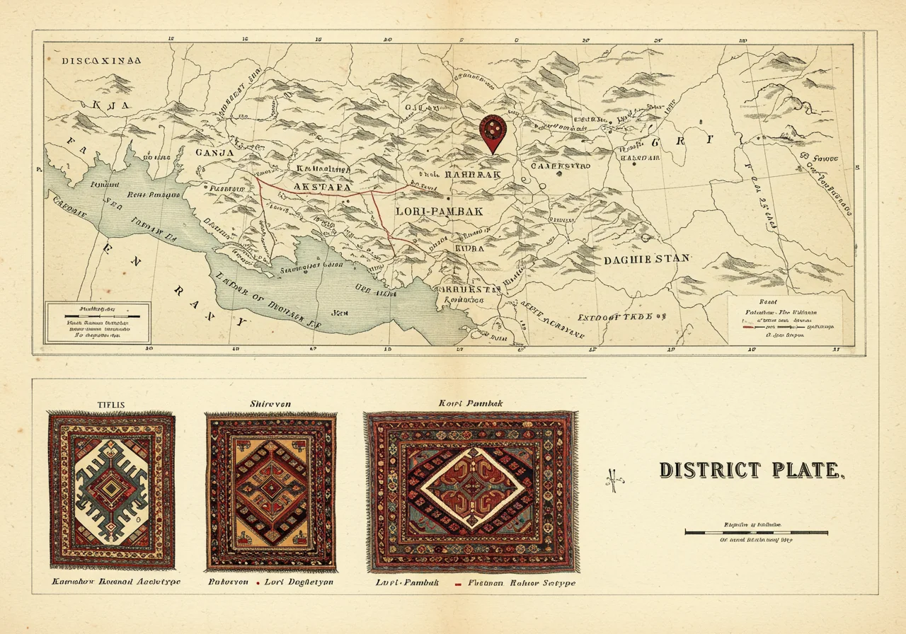 A page from a Victorian connoisseur's portfolio on the Caucasus rug-weaving region — district map locating the principal sub-regions of Caucasian weaving (Ganja, Karabagh, Lori-Pambak, Borchalo, Akstafa, Shirvan, Kuba, Daghestan), with design archetypes for the principal Kazak sub-types