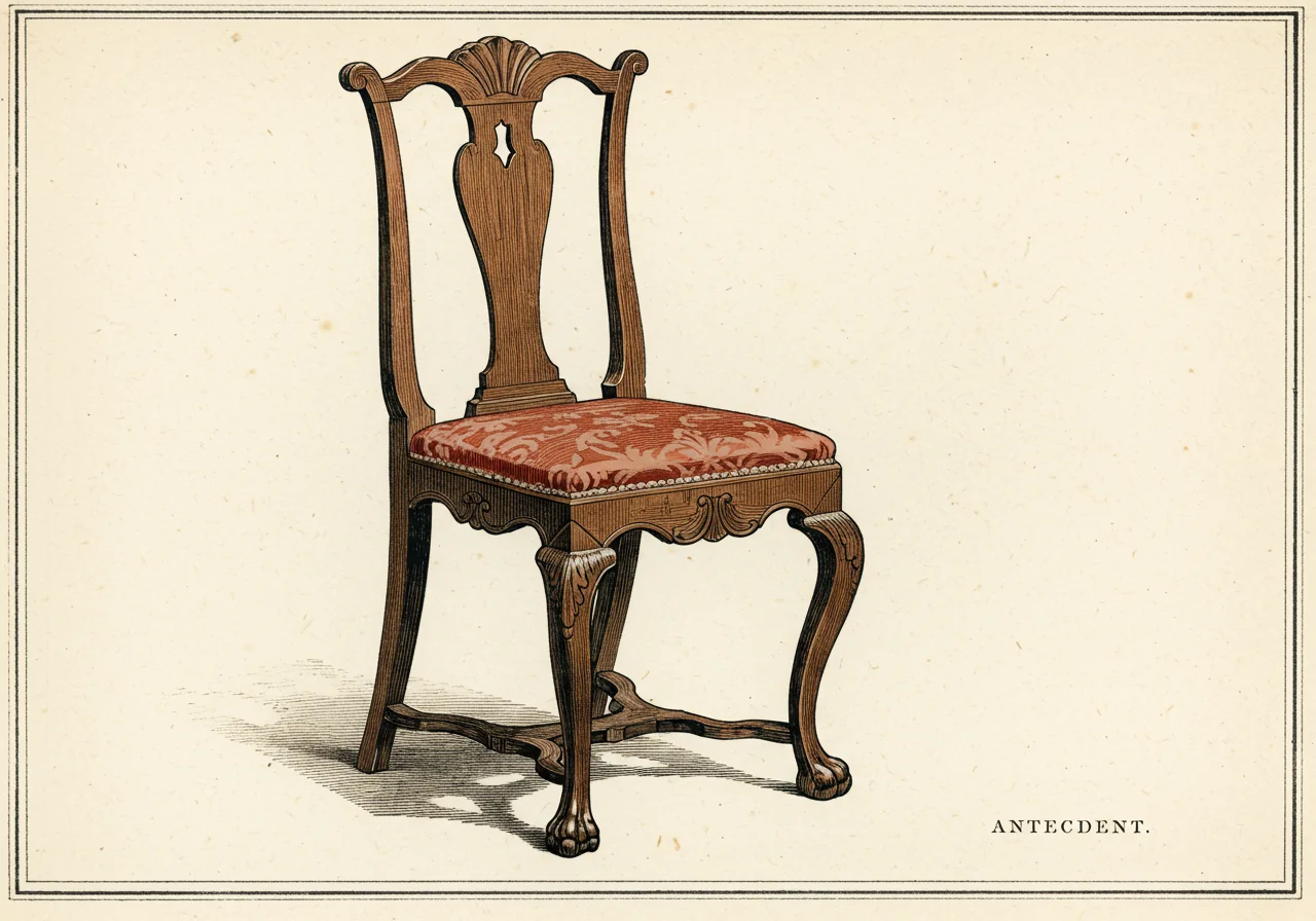 A Queen Anne English walnut chair (c. 1720–1740) — the predecessor English style, with cabriole leg, pad foot, and undecorated vase-shaped splat