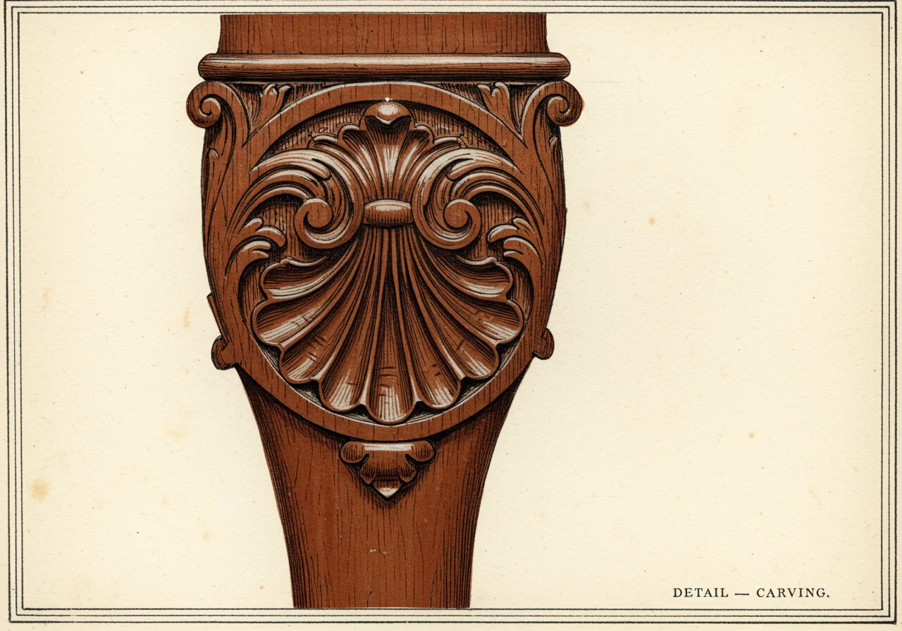 A close detail of Chippendale carved acanthus and shell ornament on a chair knee — carved in solid mahogany