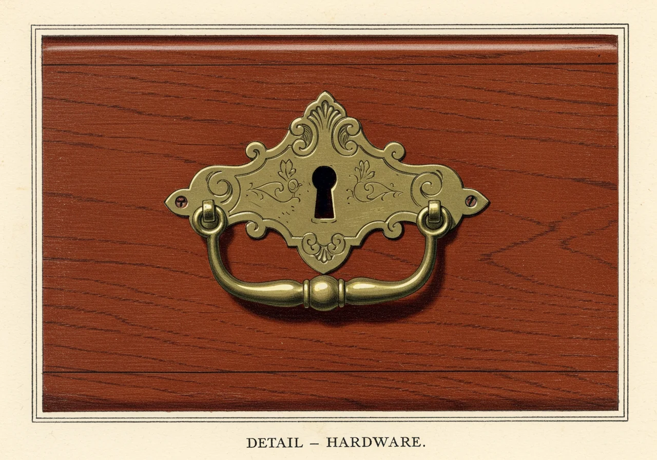 A close detail of Chippendale brass hardware — rococo-cartouche escutcheon and bail handle on a mahogany drawer front