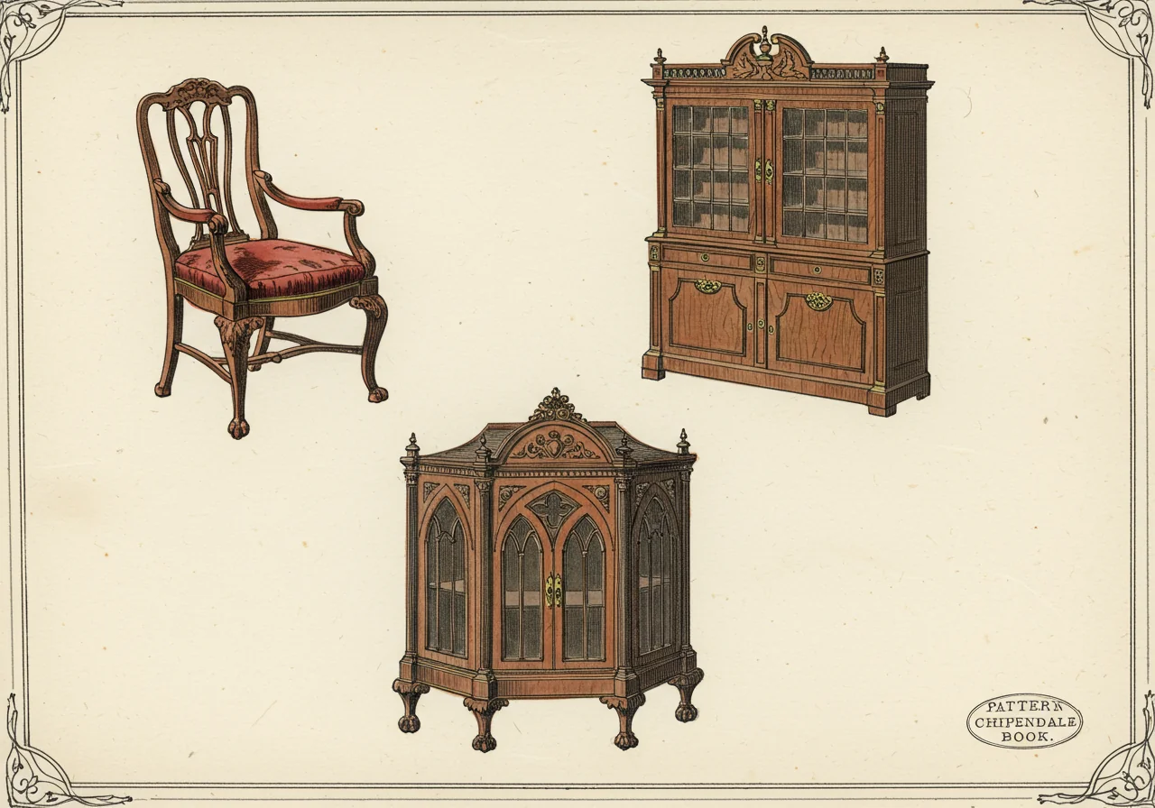 A page from Chippendale's 1754 Director — engraved plates of the ribbon-back chair, library bookcase, and china cabinet with Gothic glazing