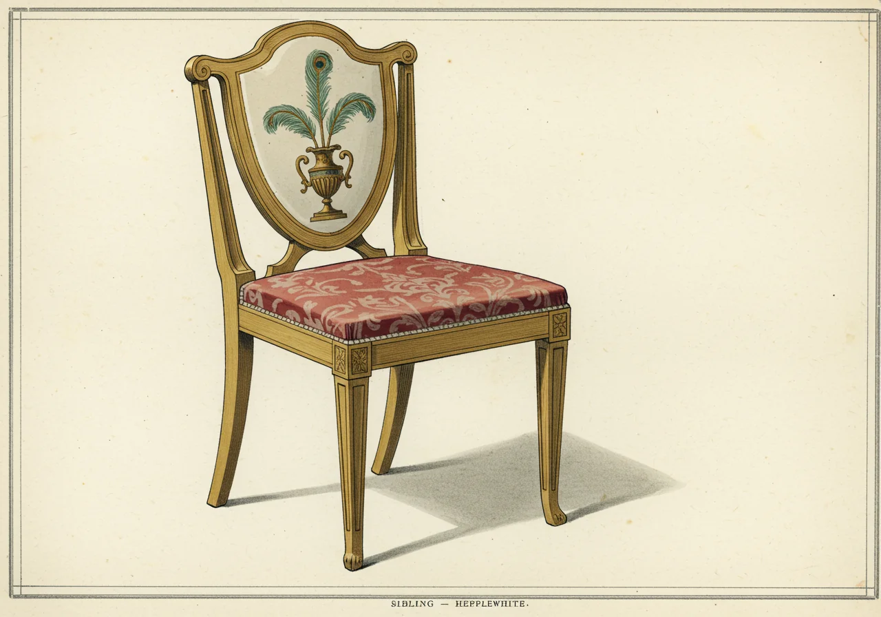 A Hepplewhite English chair — pale satinwood, shield-back form, painted-and-inlaid neoclassical decoration; the English neoclassical succession to Chippendale rococo