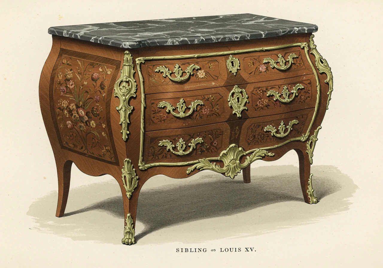 A Louis XV French commode — bombé case, floral marquetry in exotic woods, elaborate gilt-bronze ormolu mounts; the French rococo that English Chippendale translated into carved mahogany