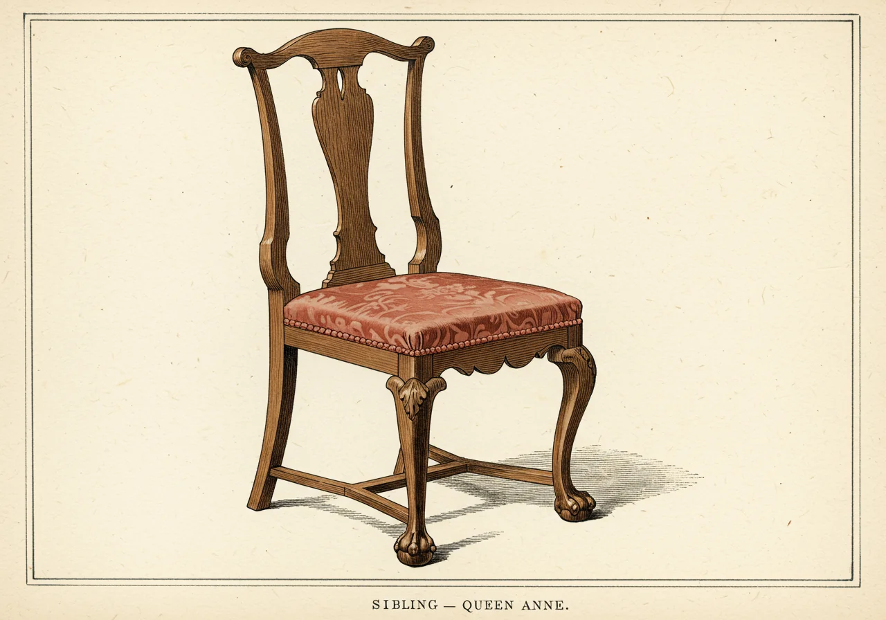 A Queen Anne English walnut chair — the early-Georgian predecessor with simpler cabriole leg and pad foot, walnut not mahogany, undecorated vase splat