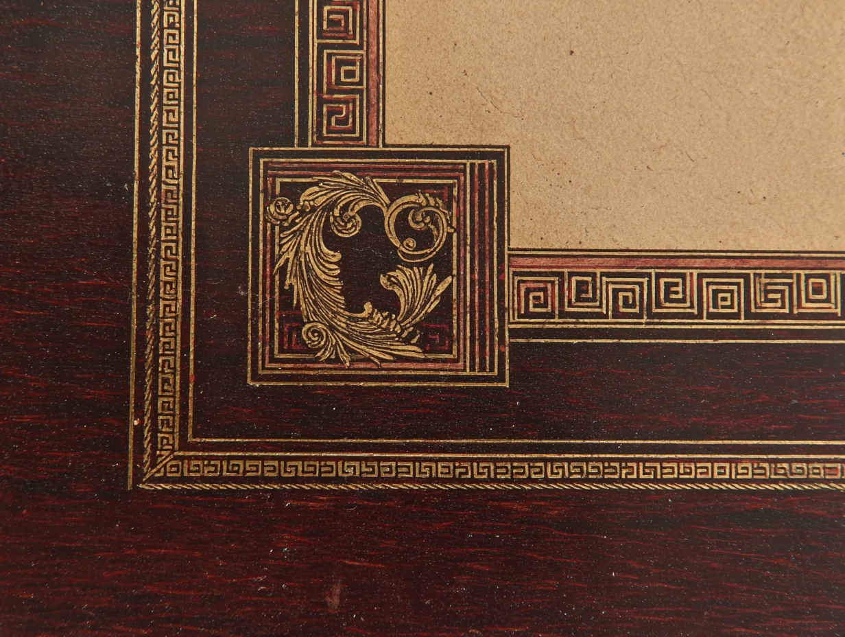 A close detail of Regency brass inlay on rosewood — Greek-key border or laurel-wreath Buhl-work