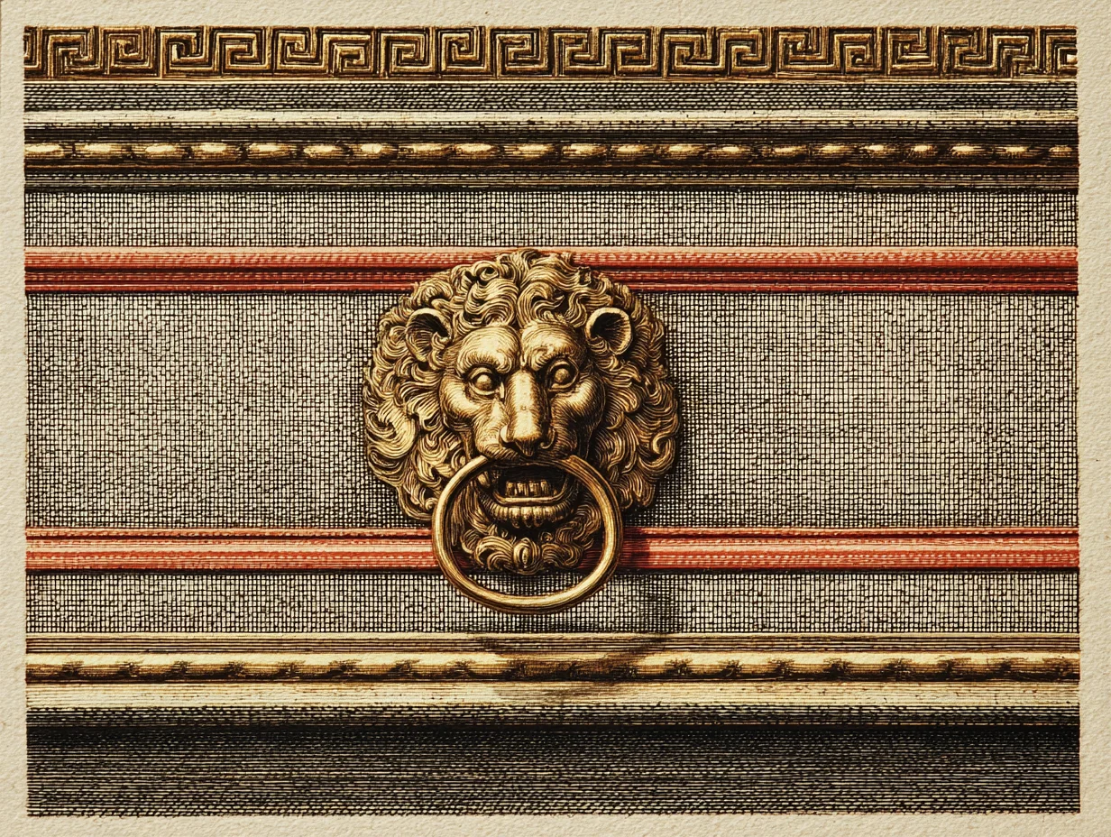 A close detail of Regency brass hardware — ring pull, lion-mask escutcheon, Greek-key border