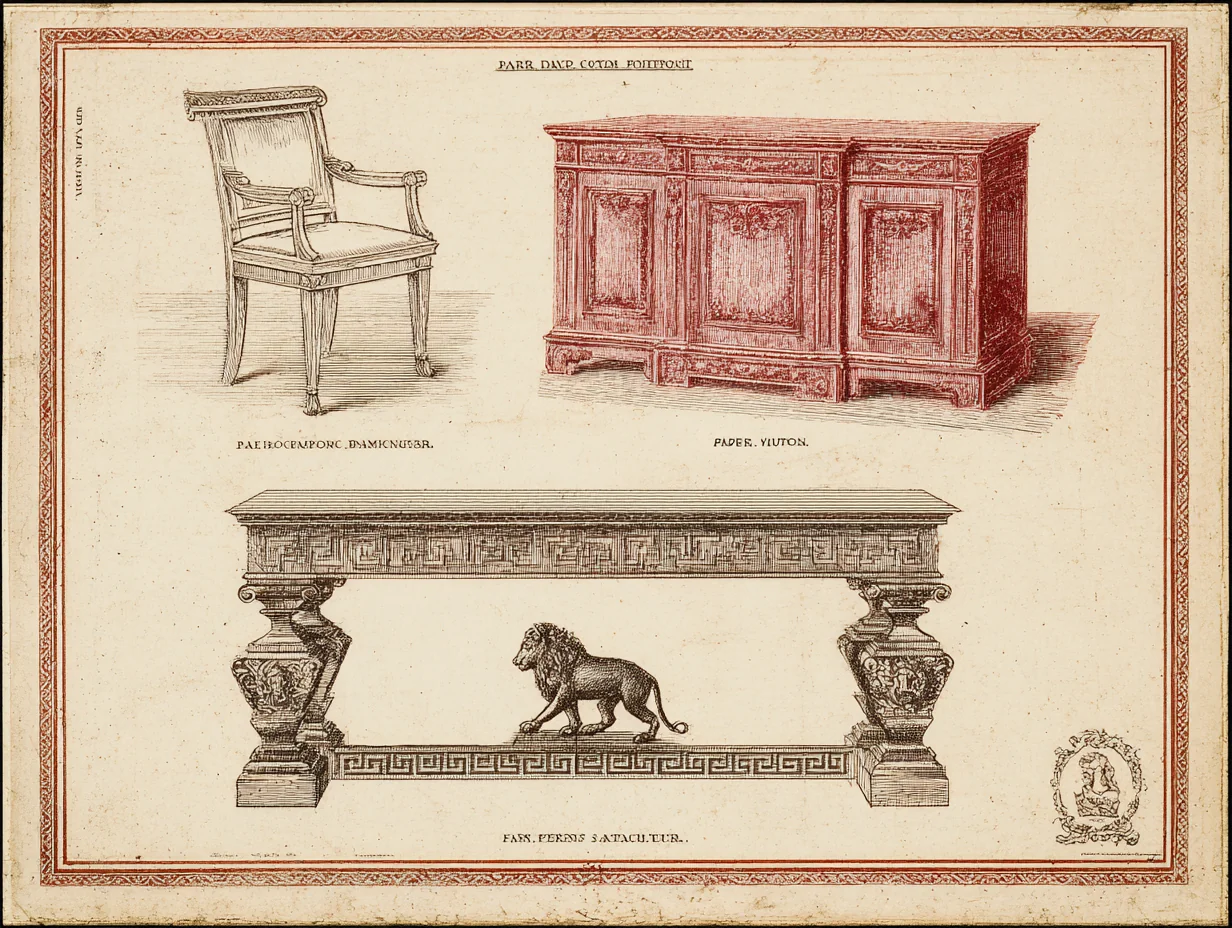 A page from Thomas Hope's 1807 Household Furniture — Greek-revival chair, Egyptian-revival cabinet, console table
