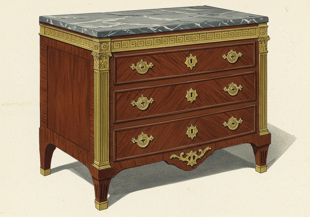 A French Louis XVI commode (c. 1775–1785) — the direct royal antecedent in mahogany veneer with ormolu mounts that Gustav III absorbed on his 1771 Paris visit and 1783–84 Grand Tour and that the Swedish workshops translated into painted pine