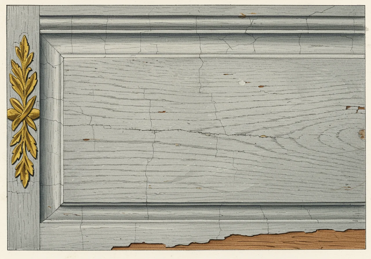 A close detail of a Gustavian gris-blanc painted finish over Swedish pine — the canonical Northern bourgeois neoclassical surface, pale grey-white paint with subtle period craquelure