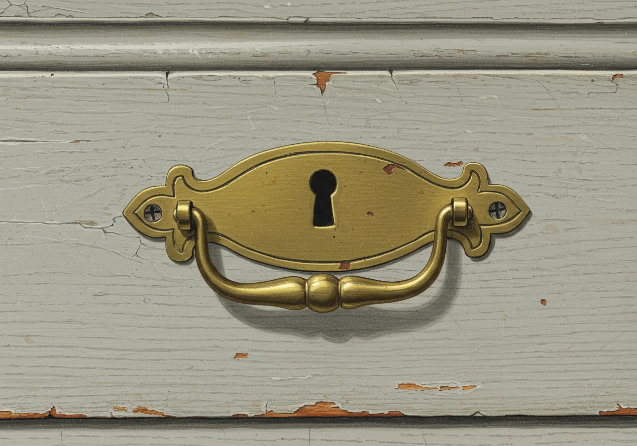 A close detail of Gustavian restrained Swedish brass hardware — small bail handle and plain oval escutcheon on a painted drawer front