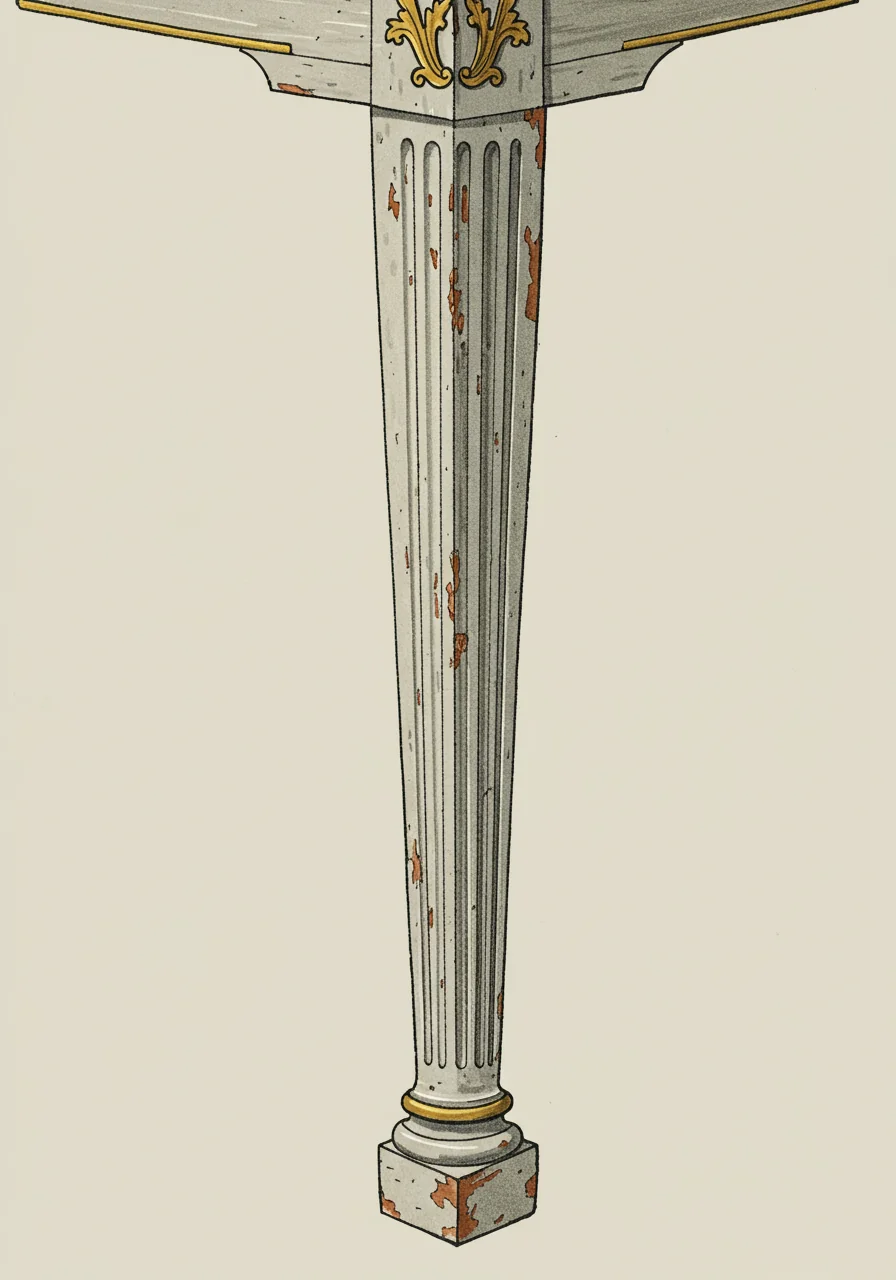 A close detail of a Gustavian fluted columnar leg in painted Swedish pine — the Louis XVI form vocabulary translated into the Northern bourgeois painted-pine register